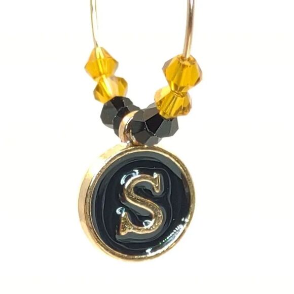 Initial Charm Earrings Black and Gold - Picture 3 of 16